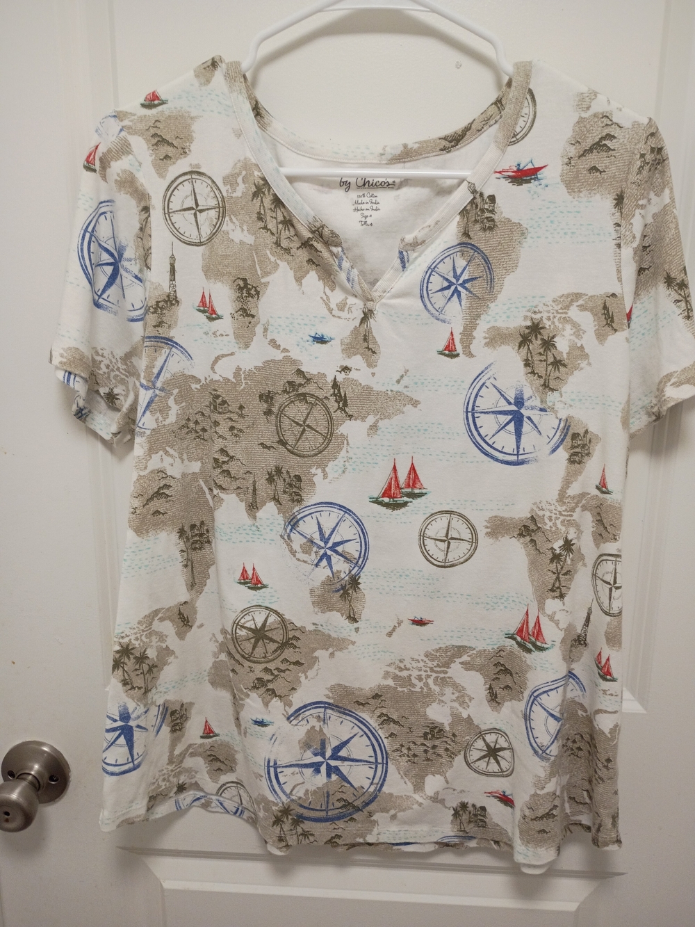 Chico's White V-Neck Top with Nautical Compass & Sailboat Print